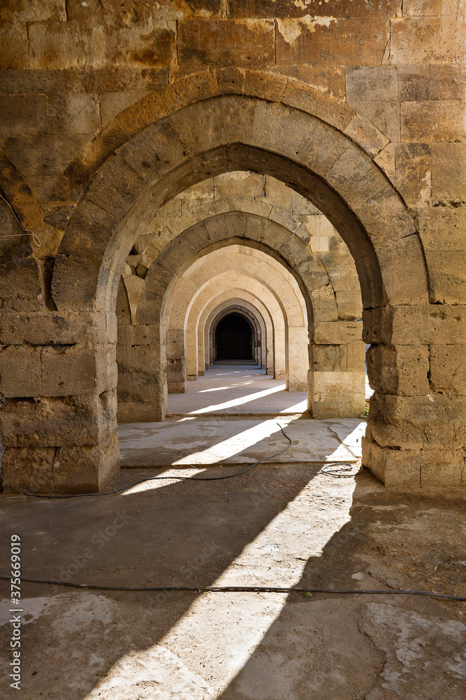 Arches in the gallery section of the roman amphitheater at Aspendos, Turkey.