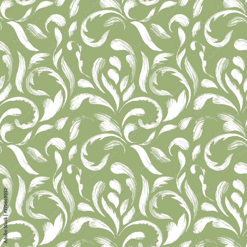 white floral brush strokes on green background; elegant art seamless pattern; vintage background; vector