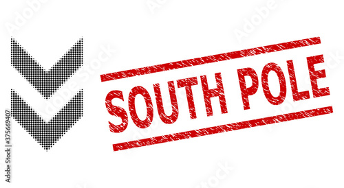 Shift down halftone dotted vector and South Pole dirty stamp seal. Stamp seal includes South Pole title between parallel lines.