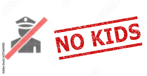 Wrong policeman halftone dotted vector and No Kids rubber stamp. Stamp includes No Kids tag between parallel lines. Wrong policeman vector is designed from halftone array which contains circle pixels.