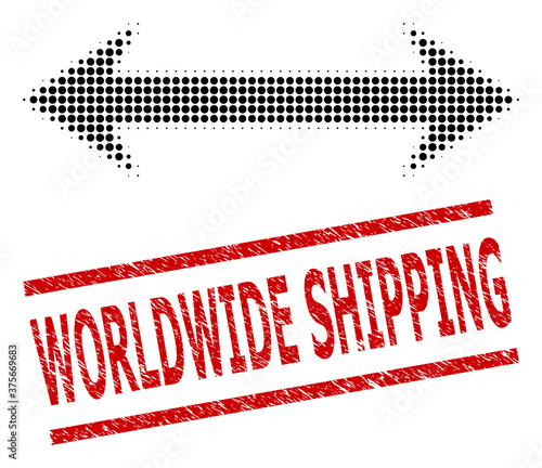 Horizontal flip halftone dotted vector and Worldwide Shipping unclean seal. Stamp seal includes Worldwide Shipping caption between parallel lines.