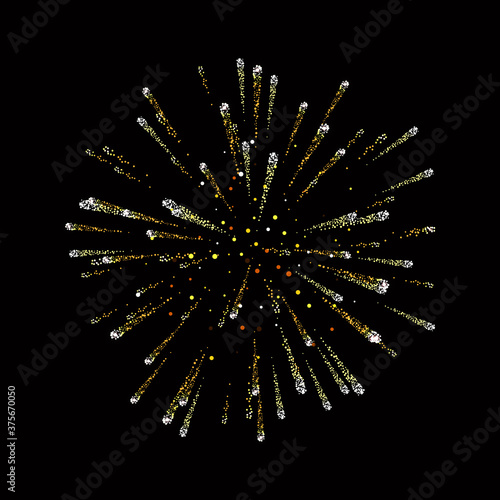 Fireworks gold. Beautiful golden fireworks on black background. Bright decoration Christmas card, Happy New Year celebration, anniversary, festival.