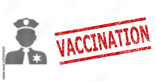 Police person halftone dotted icon and Vaccination unclean stamp seal. Stamp seal includes Vaccination title between parallel lines.