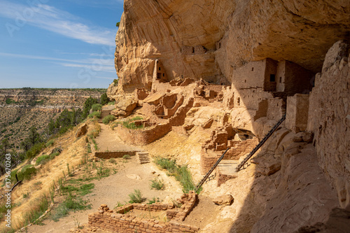 Long House, located on Wetherill Mesa in the western portion of Mesa Verde National Park, CO - USA. Long House is the second largest cliff dwelling in the park and counts many stairs, rooms and kivas.