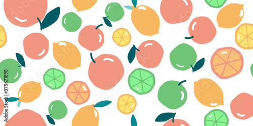 Fruit seamless pattern  Hand drawing lime orange and lemon on white wallpaper. 