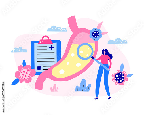 Tiny woman doctor character eximine stomach organ. Checkup abdomen. Modern flat illustration isolated on white background.