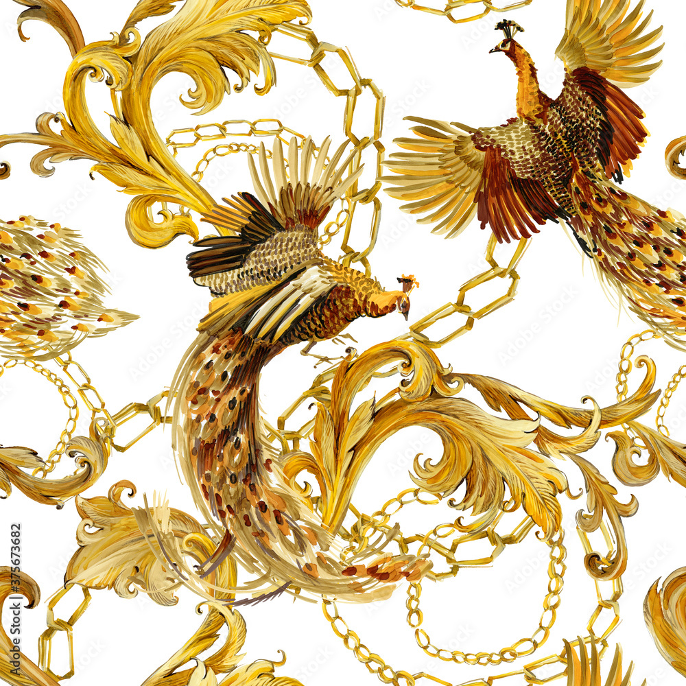 gold chains, damask curl and peacock bird seamless pattern. luxury illustration. golden bird. luxury jewelry design. riches background.