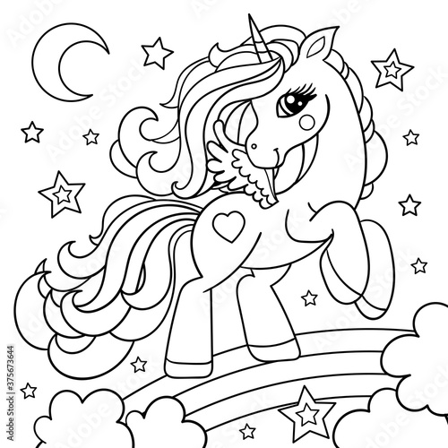 Cute cartoon unicorn on a rainbow. Black and white, linear, image. Vector