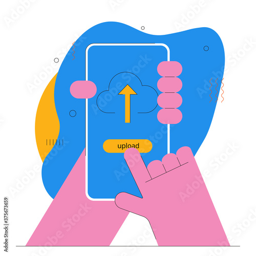 Pink hands holding a mobile phone and uploading file digitally via the internet