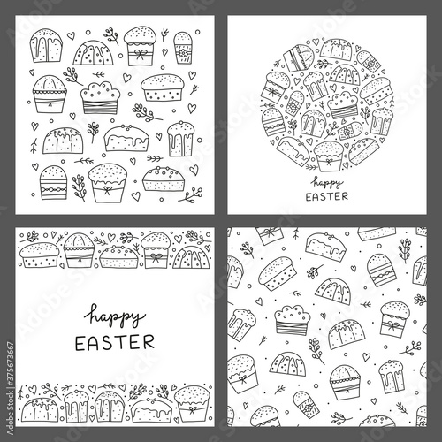 Set of cards with doodle outline Easter kulich cakes or Christmas panettones and pussy willows, hearts, dots isolated on grey background.