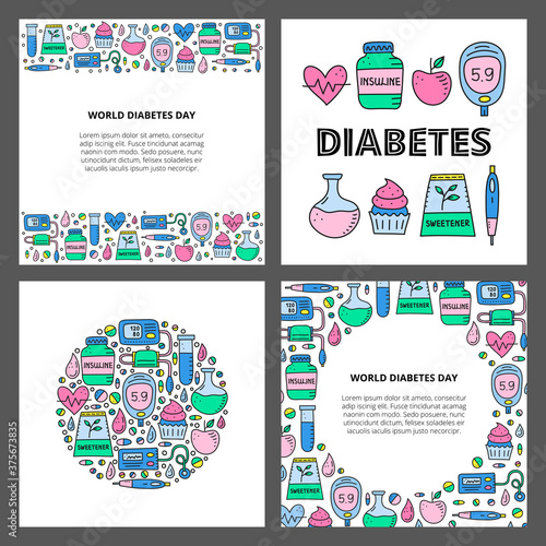 Set of cards with doodle colored diabetes items, including insulin pen, pump, tonometer, blood drop, glucometer, cupcake, flask, sweetener, heart, test tube and text isolated on grey background.