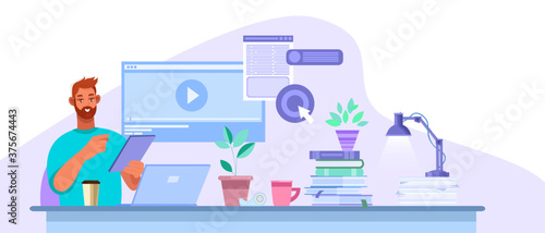 Online education vector illustration with young student studying in internet at home, laptop, desk. Virtual training or courses concept with man. Online education and webinar banner with workplace