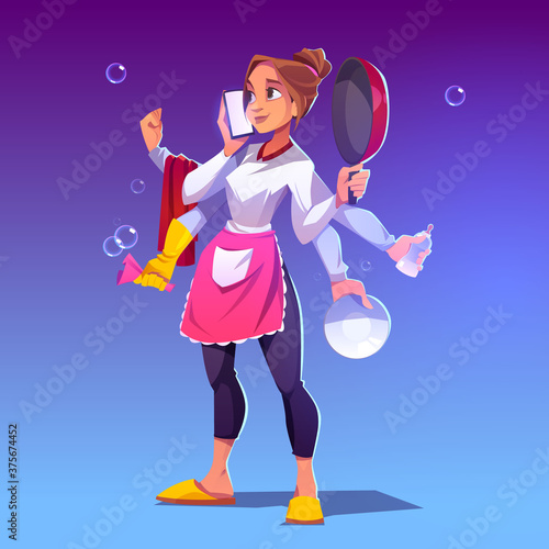Busy housewife with many hands. Concept of domestic work and multitask. Vector cartoon woman with cooking pan, baby bottle and smartphone in arms. Multitasking housekeeping