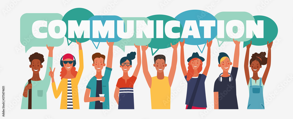 Group of young people with colorful dialog speech bubbles. Communication, teamwork and connection vector concept
