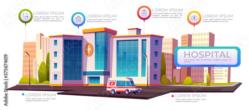 Hospital infographics, clinic buildings with riding ambulance car truck and infographic elements. Medicine informational poster, visual aid city health care infrastructure, Cartoon vector illustration