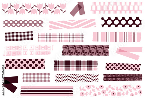 Pale pink and mauve collection of washi tape strips. Semi-transparent masking tape or adhesive strips. EPS file has global colors for easy color changes. Feminine, soft pastel colors.