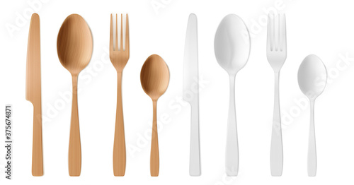 3d cutlery of wood and plastic, disposable fork, spoon and knife. Isolated wood or bamboo biodegradable table setting made of natural eco recycle reusable material, Realistic vector illustration, set