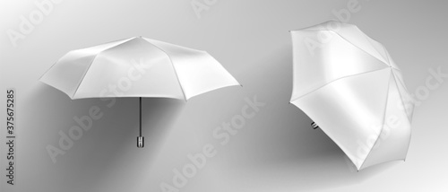 White umbrella, blank parasol front and side view mock up. Waterproof accessories for rainy autumn weather, design element isolated on grey background. Realistic 3d vector illustration, icons, clipart