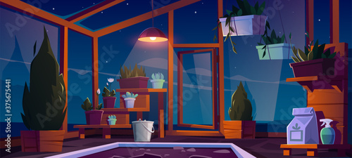 Glass greenhouse with plants, trees and flowers at night. Vector cartoon interior of empty hot house for cultivation and growing garden plants in pots inside. Botanical nursery for greenery