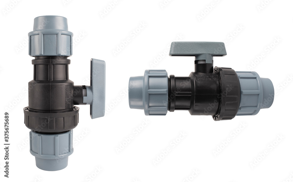 Polyethylene ball valves isolated on white background. Polyethylene ball valves isolated on white background.