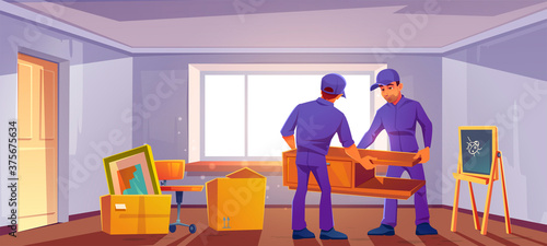 Move to new house concept. Loaders bringing furniture and boxes in room. Home with cardboard containers full of household stuff and kids things. Cartoon vector apartment interior with large window