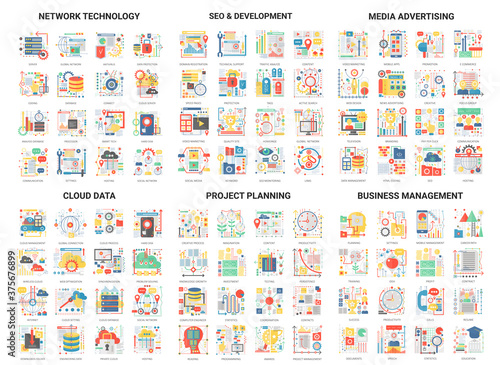 Complex concept flat abstract vector icons set with science network technology for SEO or social media advertising, cloud data development and business project planning outline modern symbols