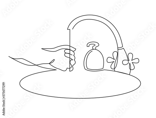 Continuous one line drawing of Wash hands icon, outline vector sign hand washing under the tap, linear style pictogram isolated on white. Hygiene symbol.