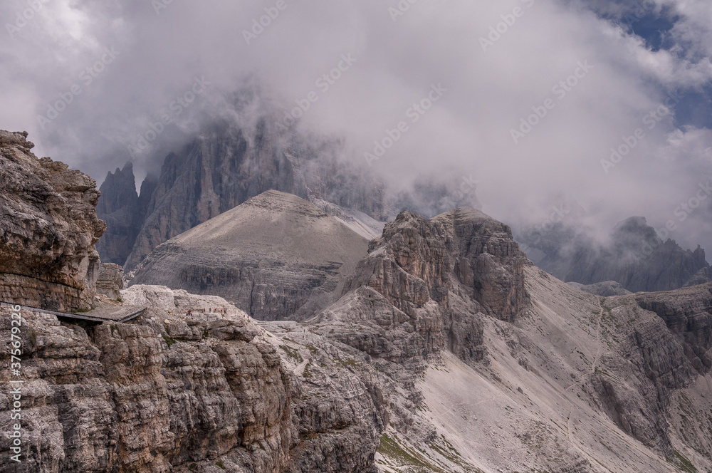 View of the Sesto (Sexten) Dolomites mountains as seen from the trail #101 down to Locatelli refuge from Pian di Cengia refuge, Dolomites,  South, Tirol, Italy.