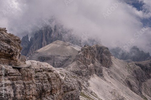 View of the Sesto (Sexten) Dolomites mountains as seen from the trail #101 down to Locatelli refuge from Pian di Cengia refuge, Dolomites, South, Tirol, Italy.