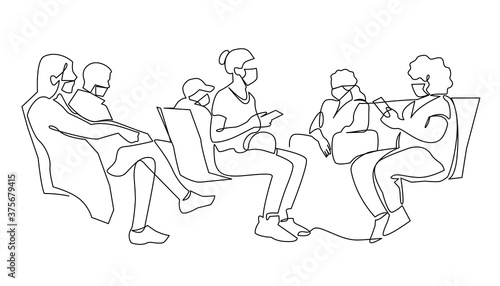 Continuous one Line Drawing of Sick passengers in medical protection masks waiting at airport terminal. People wearing mask to prevent infection. Passengers in the departure area vector illustration.