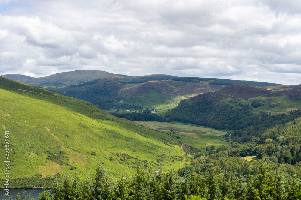 Naklejka premium Mountain Irish landscape with trees and clouds. Wicklow. Ireland