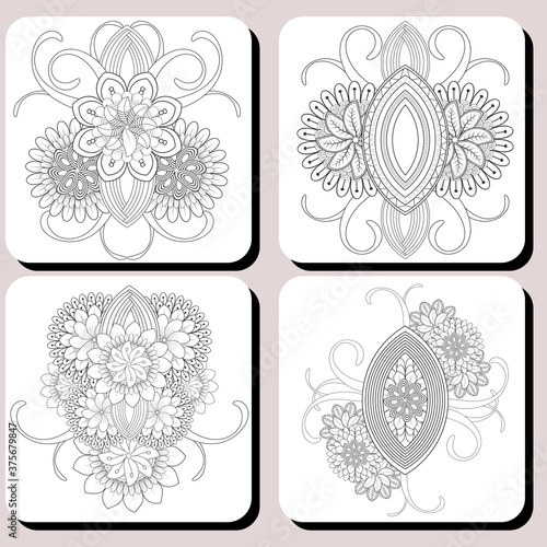 Fototapeta Naklejka Na Ścianę i Meble -  Collections of Coloring Pages for Adult for Fun and Relaxation. Hand Drawn Sketch for Adult Anti Stress. Decorative Abstract Flowers in Black Isolated on White Background.-vector
