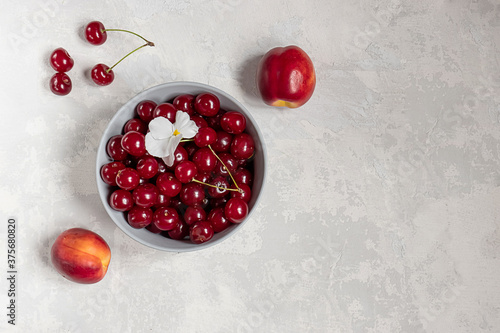 Fresh sweet cherries and nectarines on grey concrete background with copy space