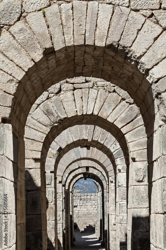 Roman vaulted substructures and archways in the ruins of the ancient city of Pergamum known also as Pergamon, Turkey