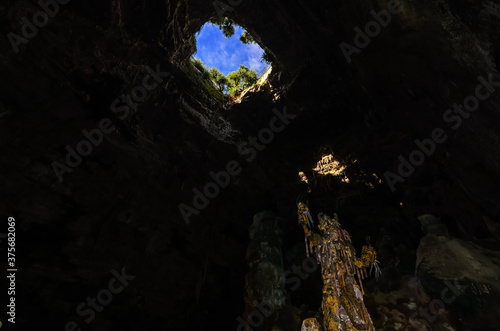 The break in the arch of the cave of Grotte of Castellana. Stalagmites, stalactites, canyons and caves characterise this pathway long 3 km to more than 60 meters deep.