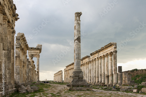 Apamea Syria, ancient ruins with famous colonnade before damage in the war