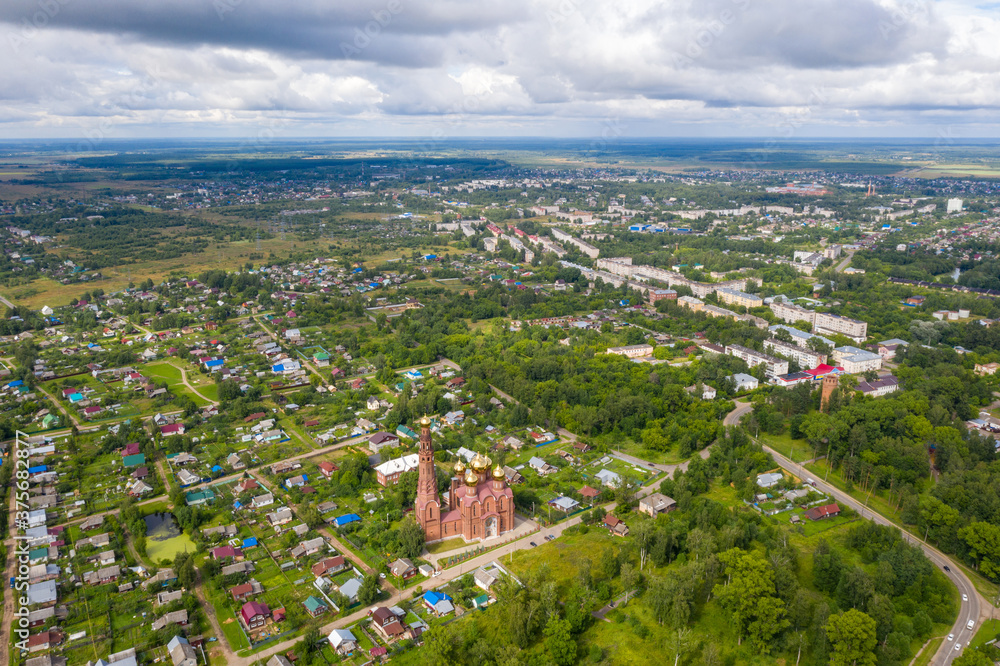 Fototapeta premium Panorama of the city of Vichuga with the Church of the Resurrection of Christ on a summer day, Ivanovo region, Russia.