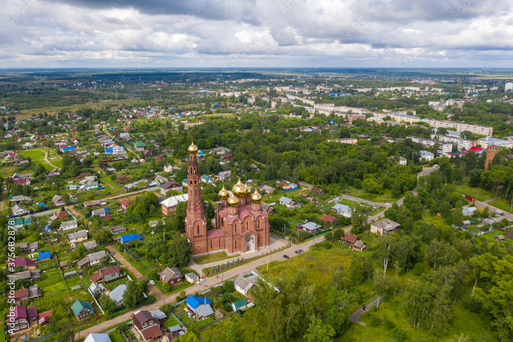 Fototapeta premium Panorama of the city of Vichuga with the Church of the Resurrection of Christ on a summer day, Ivanovo region, Russia.