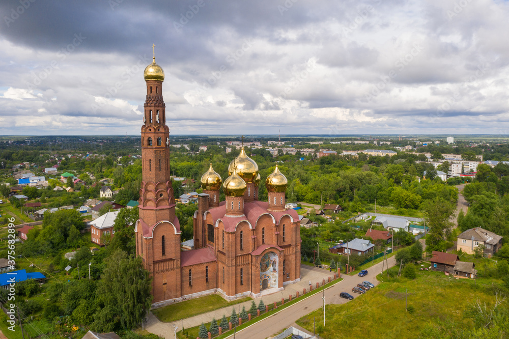 Panorama of the city of Vichuga with the Church of the Resurrection of Christ on a summer day, Ivanovo region, Russia.