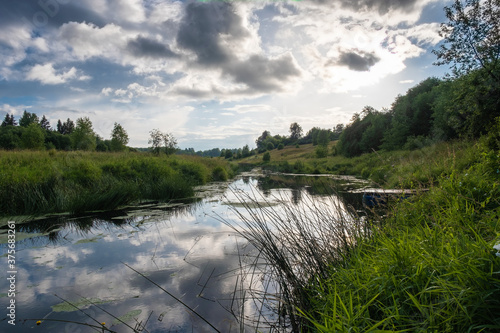 Small river Sunzha on a summer sunny day, Ivanovo region, Russia.
