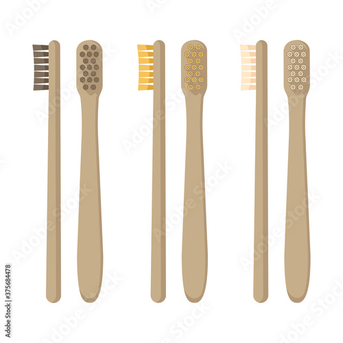 Set of eco-friendly bamboo toothbrushes isolated on white background. Natural organic bathroom beauty product. Zero waste and eco living, plastic free concept. Vector flat illustration.