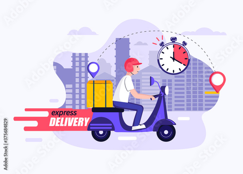 Express and free delivery in time by scooter,concept.Fast food and other shipping service for websites and apps.Vector illustration of quick and express deliver.Advertise for restaurants,caffees,shops