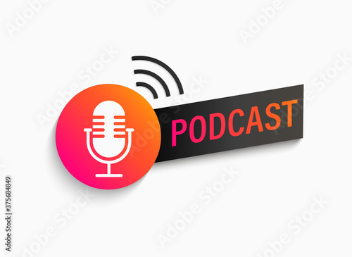 Podcast symbol, icon with studio microphone. Emblem for broadcast,news and radio streaming. Template for shows, live performances. Dj audio podcasting. Vector illustration.