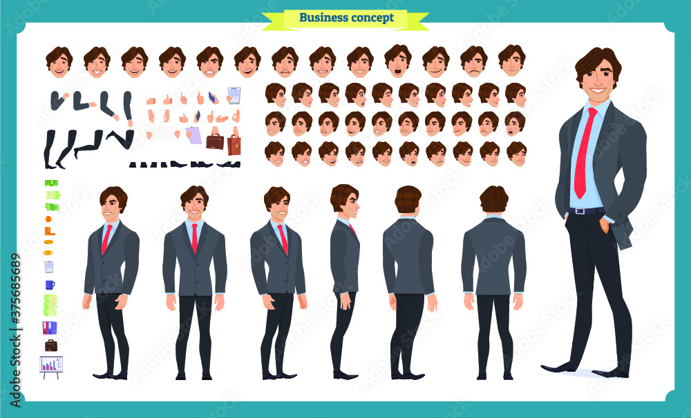 People character business set. Front, side, back view animated character. Businessman character creation set with various views, face emotions, poses and gestures.Cartoon style, flat isolated vector People character business set. Front, side, back view animated character. Businessman character creation set with various views, face emotions, poses and gestures.Cartoon style, flat isolated vector