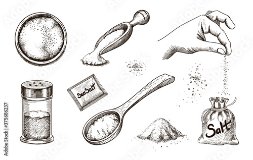Collection of hand drawn sea salt. Salting crystals. Glass bottles and salt shaker and packaging sketch vector set photo
