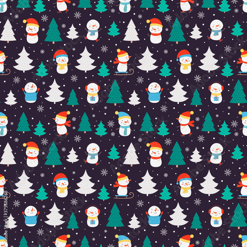 Winter seamless pattern with funny snowmen in different costumes in Christmas trees on a dark background.