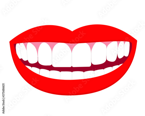 Illustration of smile mouth with perfect white teeth and red lips. Vector isolated elements