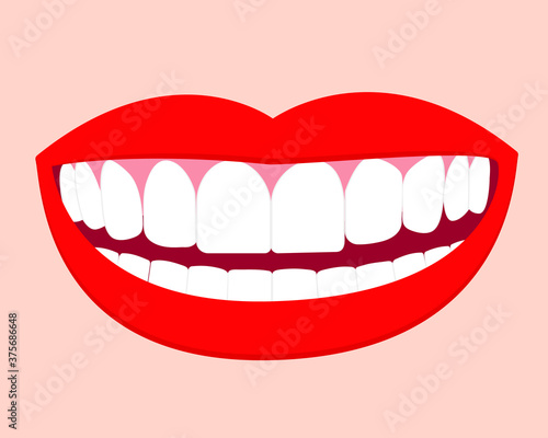 Illustration of smile mouth with perfect white teeth and red lips. Vector isolated elements EPS10