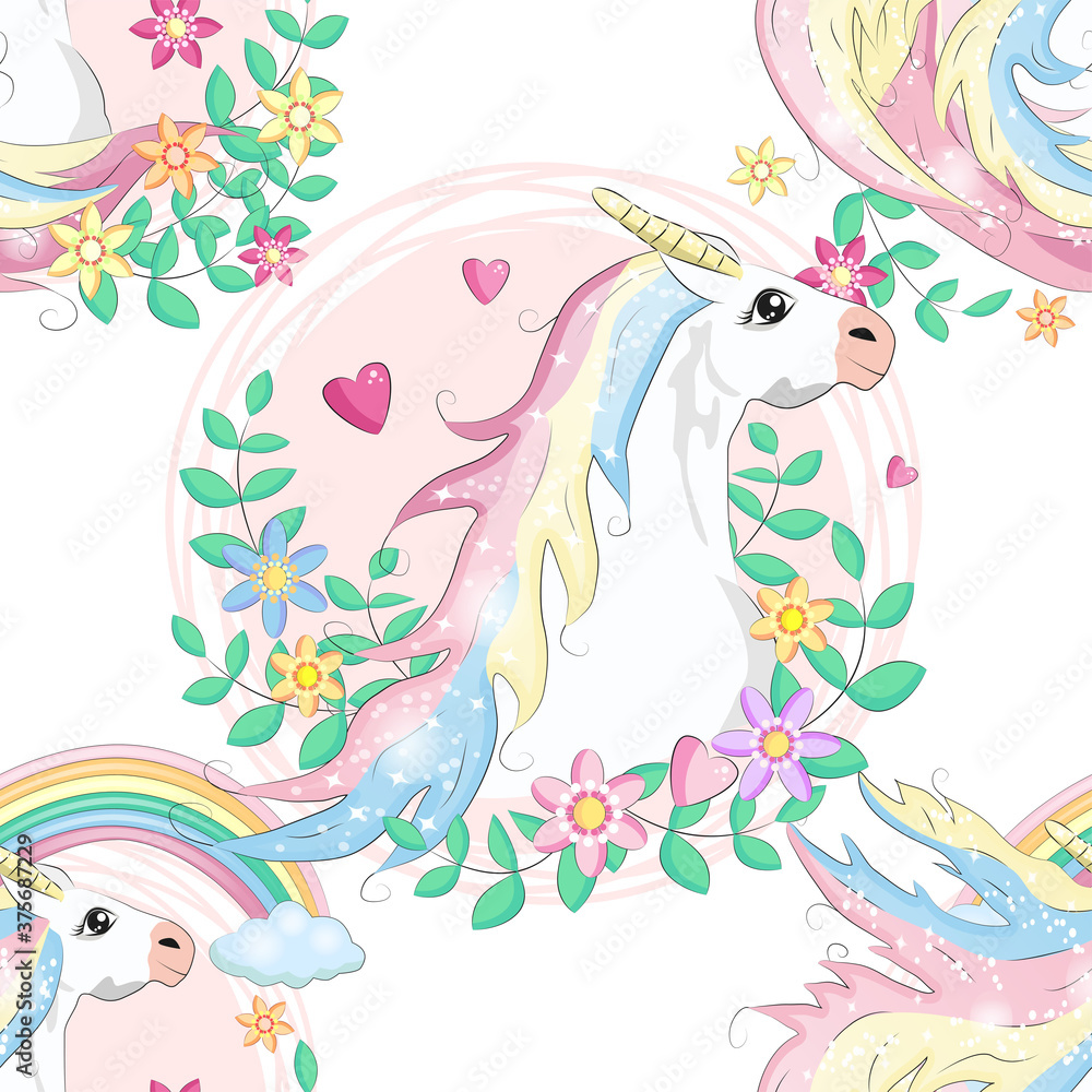 Obraz premium pattern with cute unicorns, clouds,rainbow and stars. Magic background with little unicorns