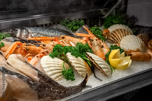 Iced counter with fresh seafood, fish, prawns, scallops, garnished with fresh parsley and lemon slices